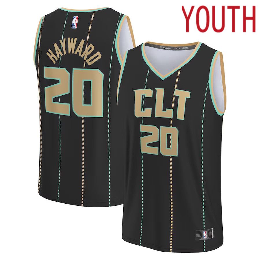 Youth Charlotte Hornets 20 Gordon Hayward Fanatics Branded Black City Edition 2022-23 Fastbreak NBA Jersey